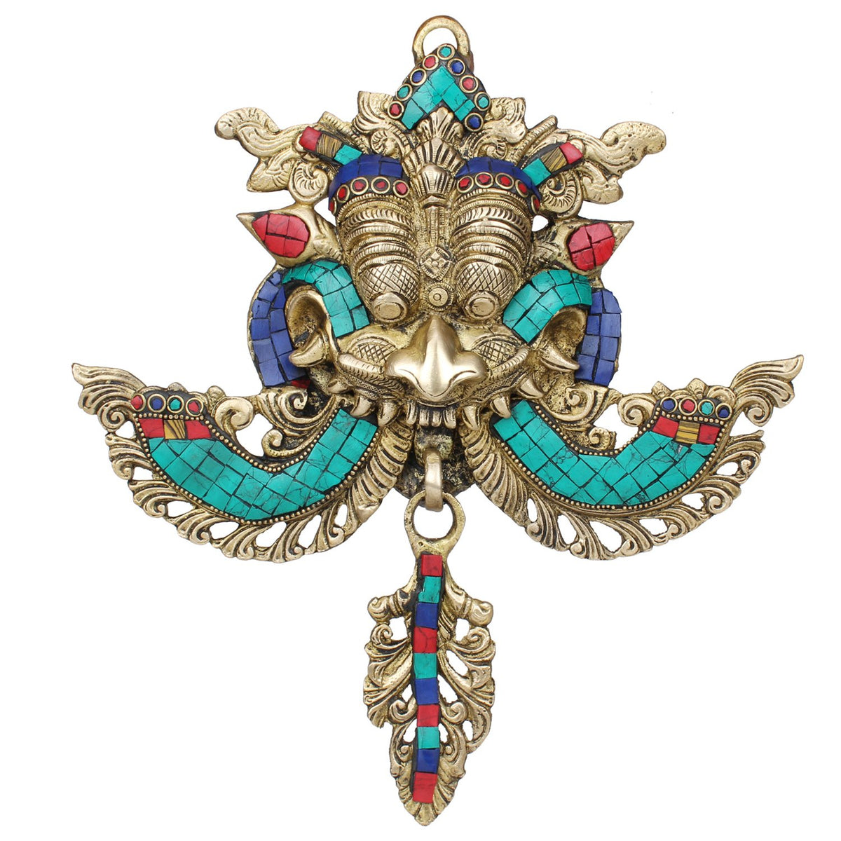 Brass Ganesha wall hanging with turquoise, red and blue mosaic details, 11 in tall