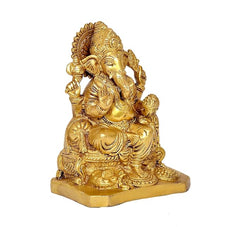 Brass Ganesha idol statue, side view with raised hands, square base, 6 in