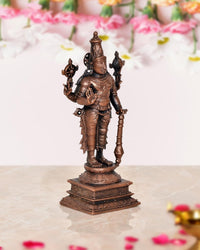 Copper Vishnu idol back angle, standing on stepped pedestal with detailed ornaments