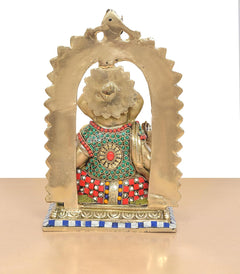 Brass Ganpati Bappa murti back view, arched frame and multicolour enamel panels