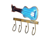 Blue guitar-shaped key hook wall rack with five curved hooks and gold mounting bar
