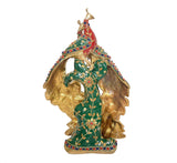 Peacock showpiece side/rear view with green patterned body and gold brass texture