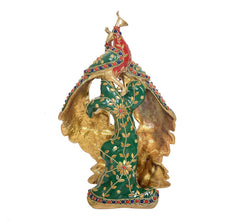 Peacock showpiece side/rear view with green patterned body and gold brass texture