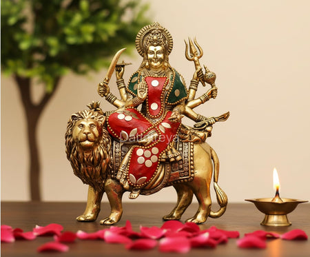 Superfine Brass Durga Maa with Lion Idol (Height: 7.5 Inch)