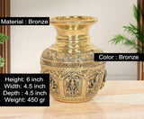 Bronze kalash, 6 in height, ornate engraved deity figures on round body