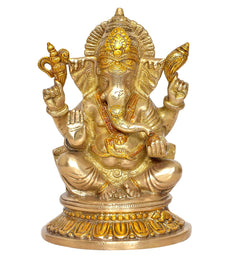 Front view Ganesha idol statue with ornate crown and painted accents, seated
