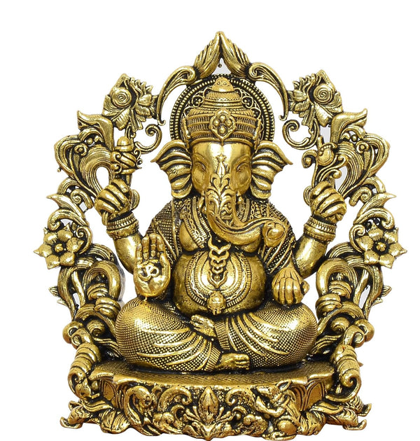 Superfine Brass Chaturbhuja Ganesha Idol with Floral Arch Golden (Height 4 Inch) Entryway Setting