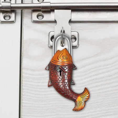 Brass Fish Lock - Antique Padlock with Key Showpiece (Height 7 Inch)