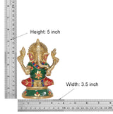 Ganesha statue size: 5 in height, 3.5 in width; brass with green and red attire