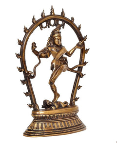 Brass Natraj Lord Shiva statue, front view with raised arms and ornate halo, 12 inch