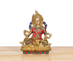 Brass Kuber murti, front view seated deity with jeweled crown and necklace details