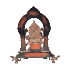 Brass Ganesh back view seated with arched halo, textured relief base