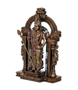 Side view resin Kartikeya statue with spear and crown, intricate carved base