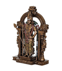 Side view resin Kartikeya statue with spear and crown, intricate carved base
