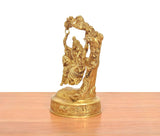 Brass Radha Krishna swing idol, side view of arch frame and seated Radha