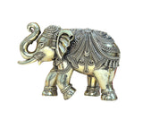 Brass elephant figurine with detailed belly armor and patterned back, 5 in tall