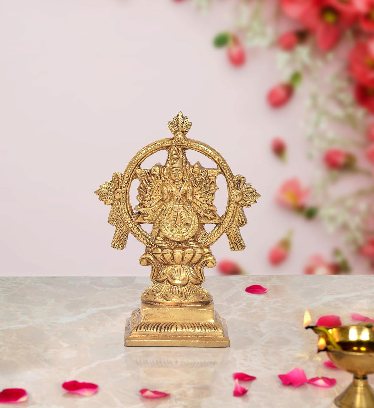 AONA Brass Sudarshana Vishnu statue with Yoga Narasimha, circular halo and seated base