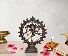 Antique brass Lord Shiva dancing Natraj idol statue, ornate circular halo, 6 inch