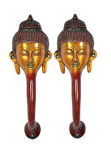 Set of 2 Buddha-face door handles, gold faces and red stems