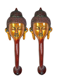 Set of 2 Buddha-face door handles, gold faces and red stems