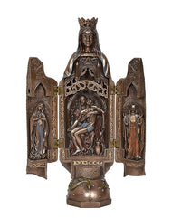 Mother Mary resin statue with Jesus in central shrine panel, front view, bronze patina