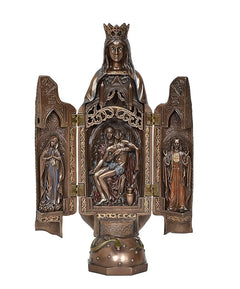 Mother Mary resin statue with Jesus in central shrine panel, front view, bronze patina
