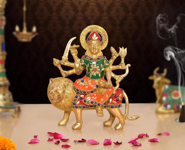 Brass Durga Maa with Lion Idol (Height: 8 inch)
