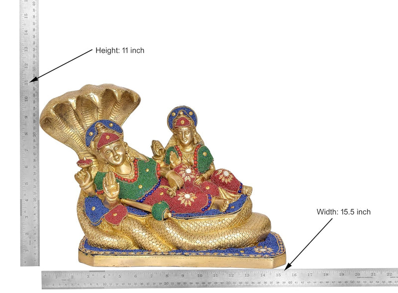 Brass Maa Lakshmi with Lord Vishnu On Sheshnag Idol Statue for Home Decor Mandir Pooja (Height 11 Inch)