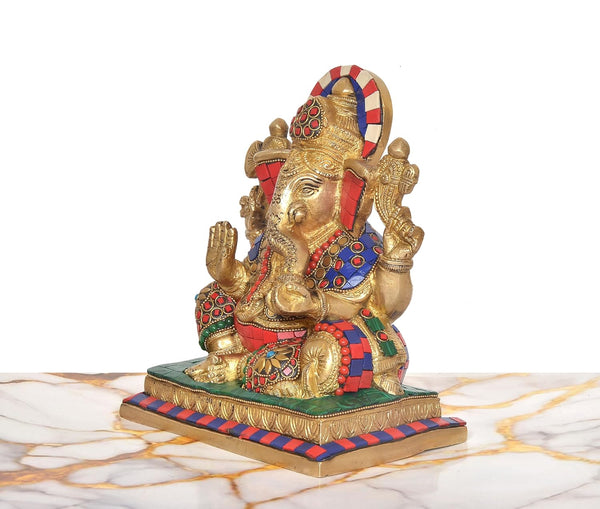 Brass Sitting Lord Ganesha Idol (Height 8 Inch) (Multicolor) Study Setting