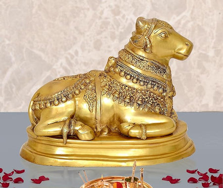 Brass Nandi Cow Statue Idol Murti On Base Decorative Item for Home | Height : 13.5 Inch