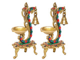 Brass peacock bird diya stand pair, front view with twin bell holders and base
