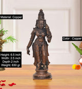Devi Uma Parvati Copper statue with detailed face, jewelry, and raised hand, 6.5 in