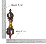 Small eight-pronged brass dorje, height 7 in and width 2 in, dark brown and gold