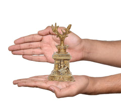 Brass Tulsi idol held in hands for size, tree over tortoise base