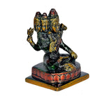 Panch Mukhi Shiva brass idol, side view with red base, hands raised, dark glossy finish