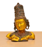 Front view Parvati bust statue, gold face with ornate crown and necklace details