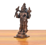 Side view copper Lord Narasimha standing idol, four arms raised with weapons