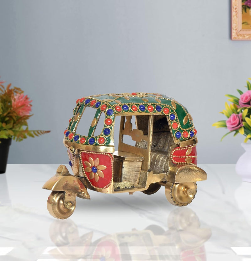 Brass Auto Rickshaw Tuk-Tuk Indian Vehicle Showpiece for Home and Office Decor Decorative Sculpture Figure (Height: 4 Inch)