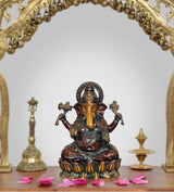 5-inch brass Lord Ganesha idol, seated with multi-armed pose and detailed ornamentation