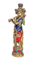 Krishna idol brass statue, raised arm and flute gesture with colorful garments