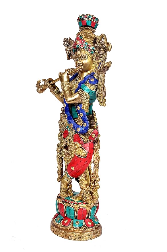 Brass Lord Krishna Idol (Height 14 Inches) Study Setting