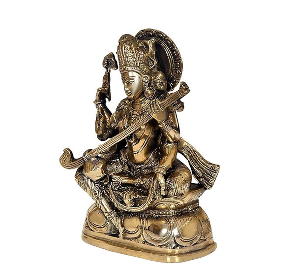 Brass Maa Saraswati Devi murti Idol Statue Goddess of Knowledge and Arts, Height: 7.6 inch Study Setting