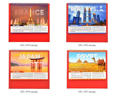 Desk calendar mini pages showing France, Malaysia, Japan, and Egypt for 2026