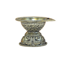 Brass aarti diya oil lamp, front view of engraved shallow bowl and base