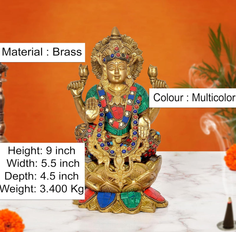 Brass Goddess Lakshmi Idol Sitting On Lotus (Height 9 Inch)