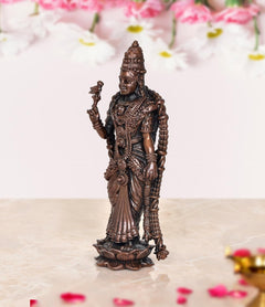Copper Meenakshi Idol statue, side view with detailed jewelry, 4 inch