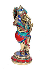 Dancing Ganesha brass idol on round base, multicolor mosaic outfit, raised hands