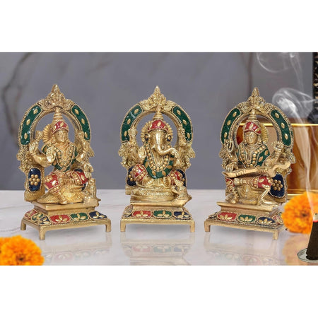 Brass Lakshmi Ganesh Saraswati Statue Idol Murti for Home Decor Pooja Mandir Diwali Decorative Showpiece Multicolor (Height 7.5 inch)