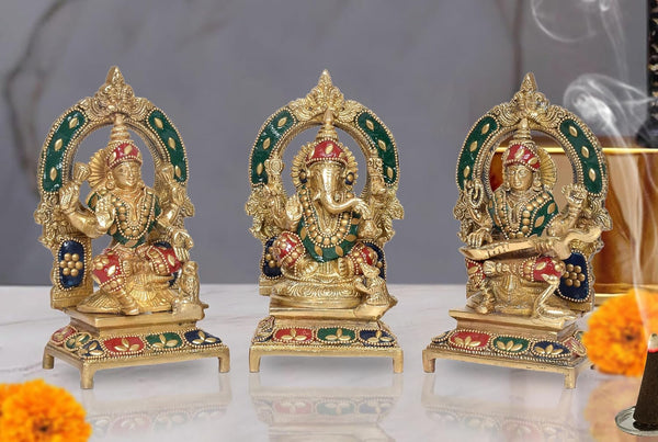 Brass Lakshmi Ganesh Saraswati Statue Idol Murti for Home Decor Pooja Mandir Diwali Decorative Showpiece Multicolor (Height 7.5 inch)