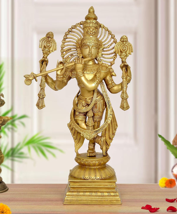 Brass Lord Krishna in His Glorious Avatar Sculpture Playing Flute (Height: 24 inch)